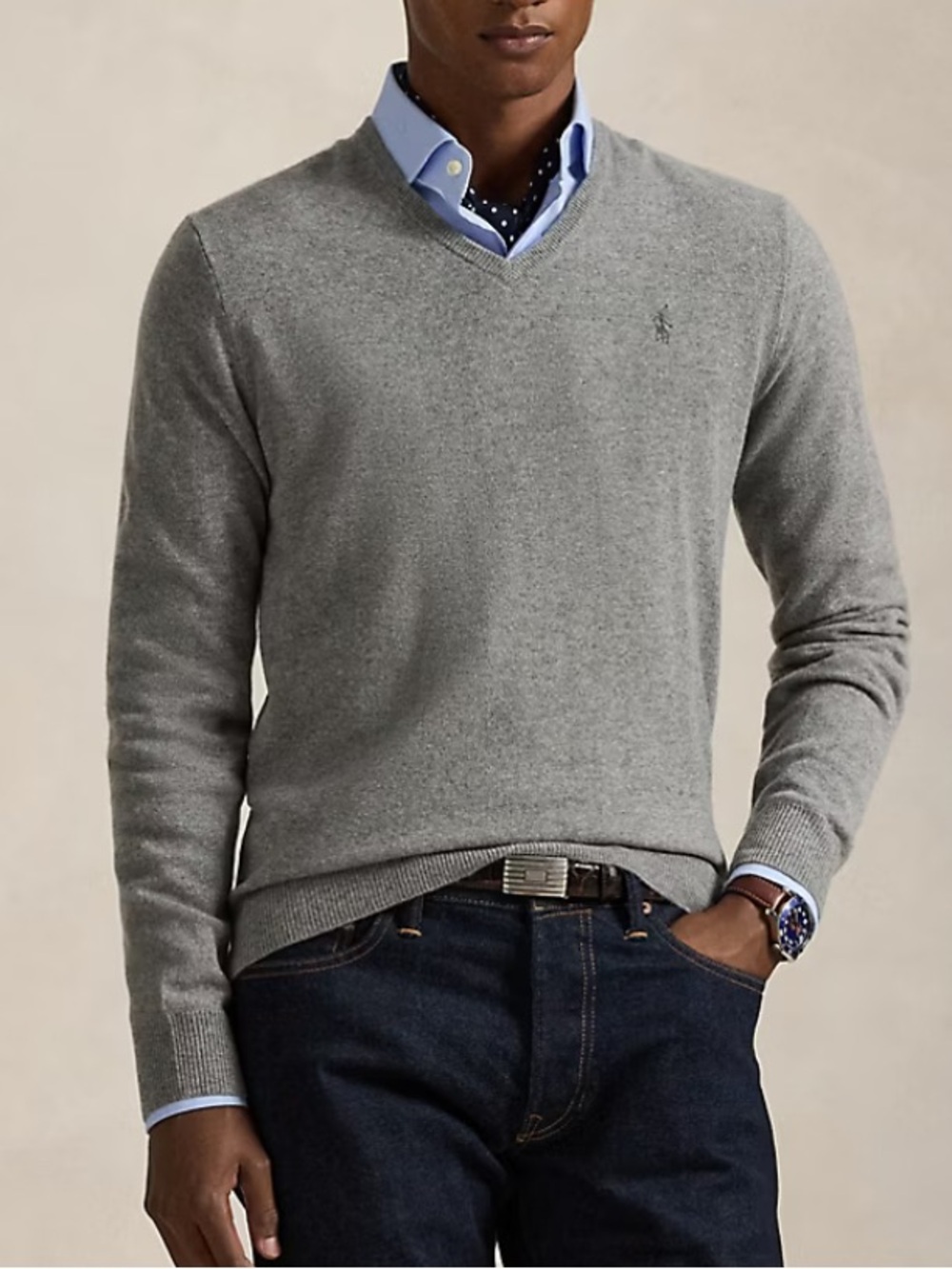Ralph Lauren Men's Light Gray V‑Neck Wool Sweater